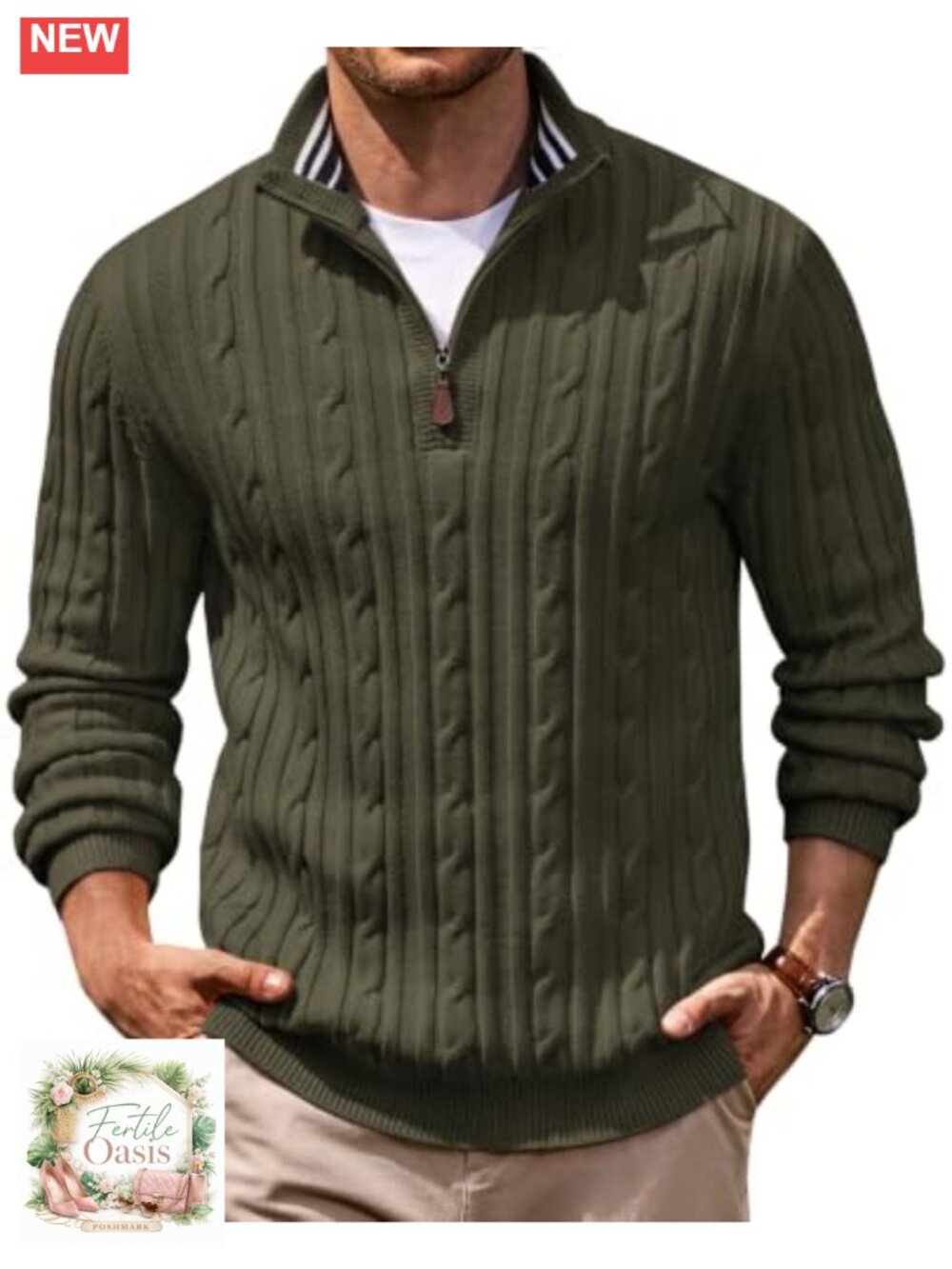 Men's Cable Knit Quarter Zip Pullover Mock Neck Sweater